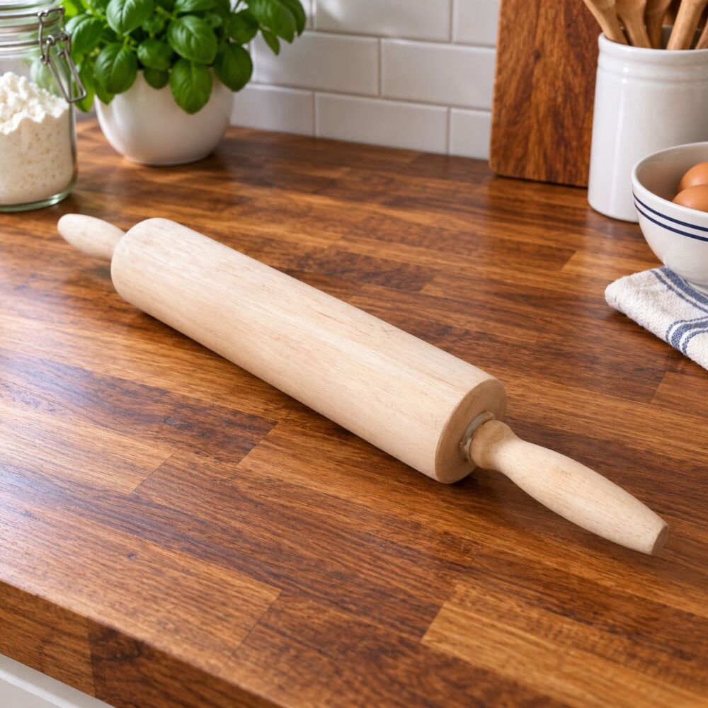 New Pine Wood Rolling Pin w/ Handles Natural Wooden Baking Pastry Dough Roller